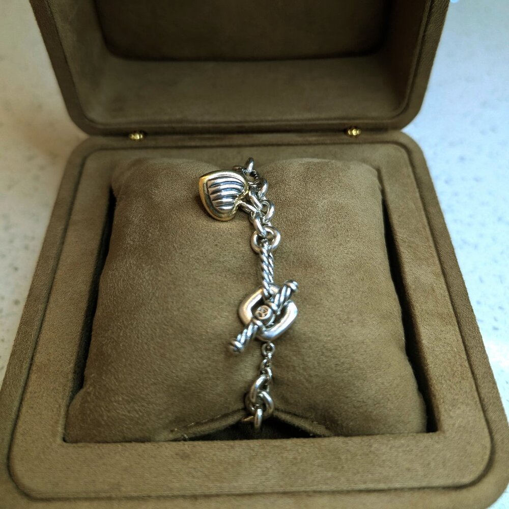 David Yurman Sterling Silver 7" Figaro Chain 18k Heart Charm Toggle Bracelet